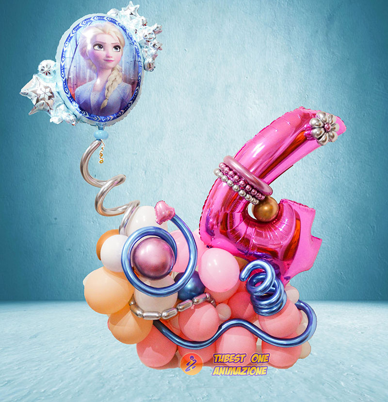 composizione di palloncini per compleanno stile organic tema frozen