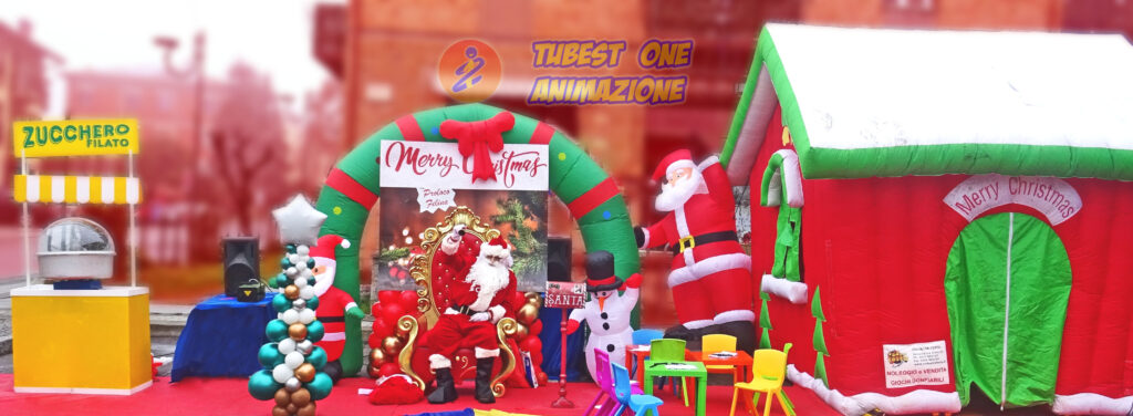 Villaggio di Natale con Babbo Natale ed elfi per eventi natalizi